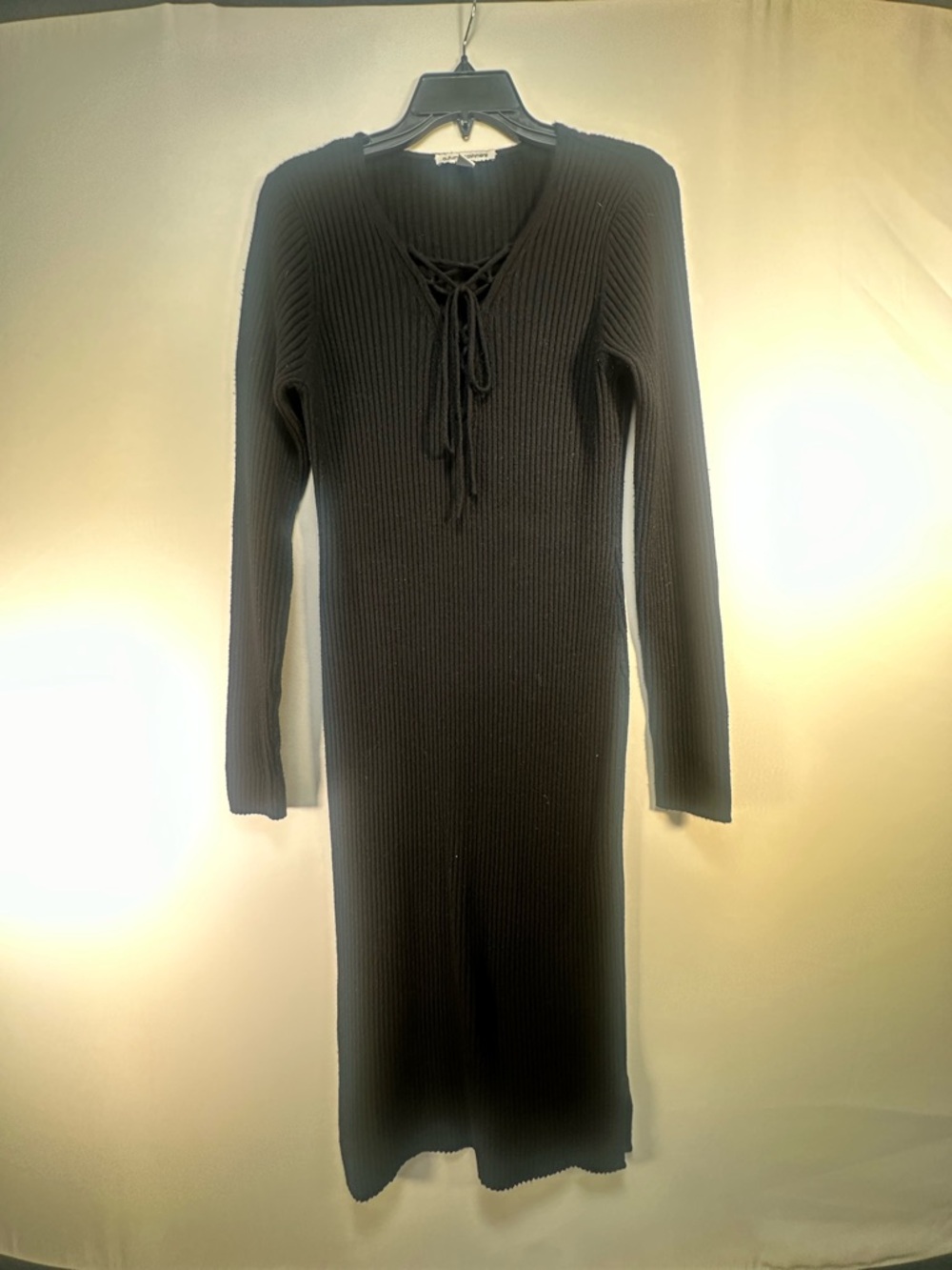 Autumn Cashmere Black Ribbed Lace-Up‎ Long Sleeve Midi Dress